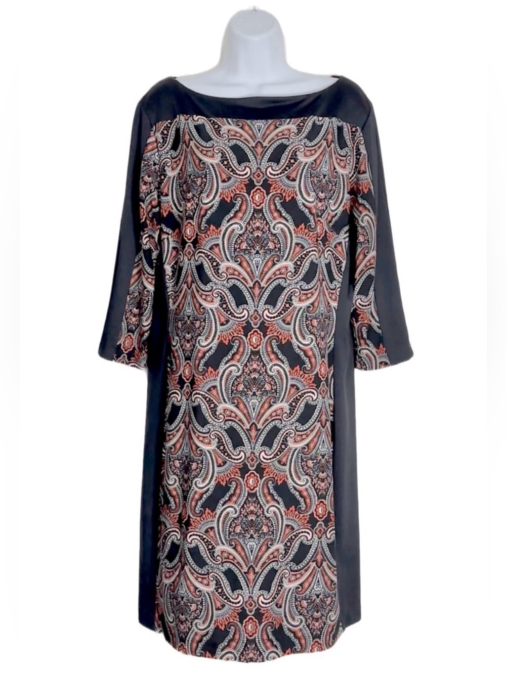 Ann Taylor Black Paisley Midi Dress with Red & Cream Accents With Belt Size L
